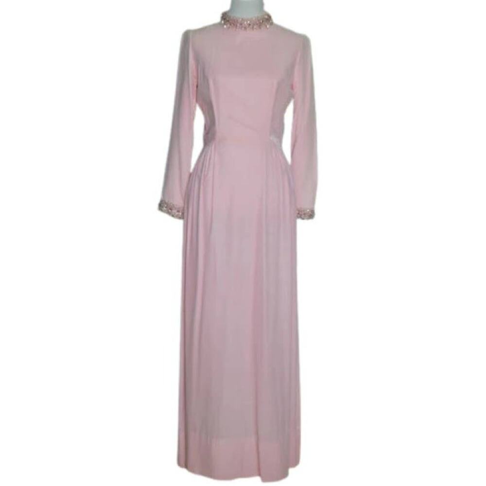 1960s Vintage Pink Velvet Gown with Embellished Details Small